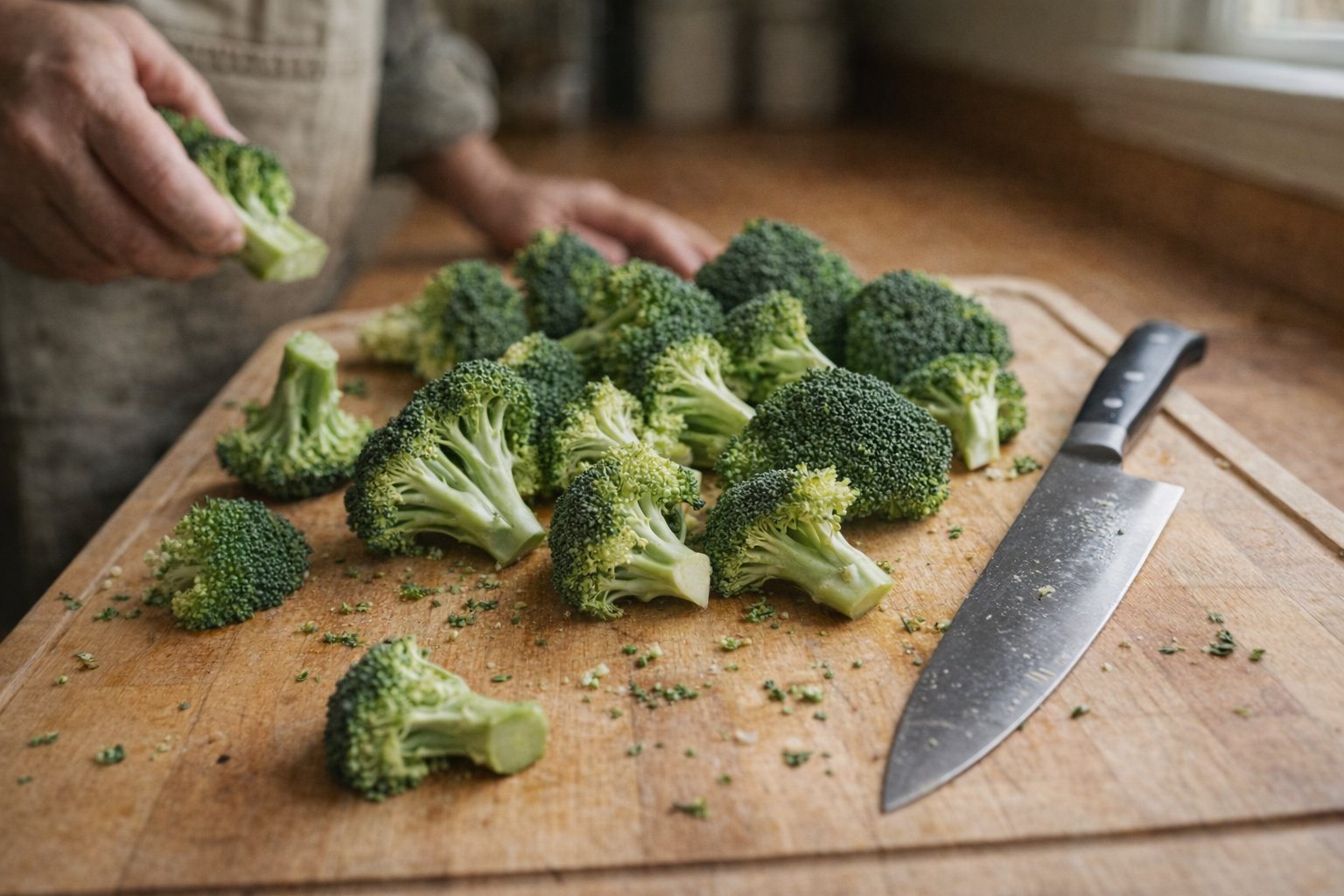 A close-up shot of fresh broccoli being prepped on a wooden cutting board, a chef's knife visible, some florets already cut and ready for cooking, natural daylight